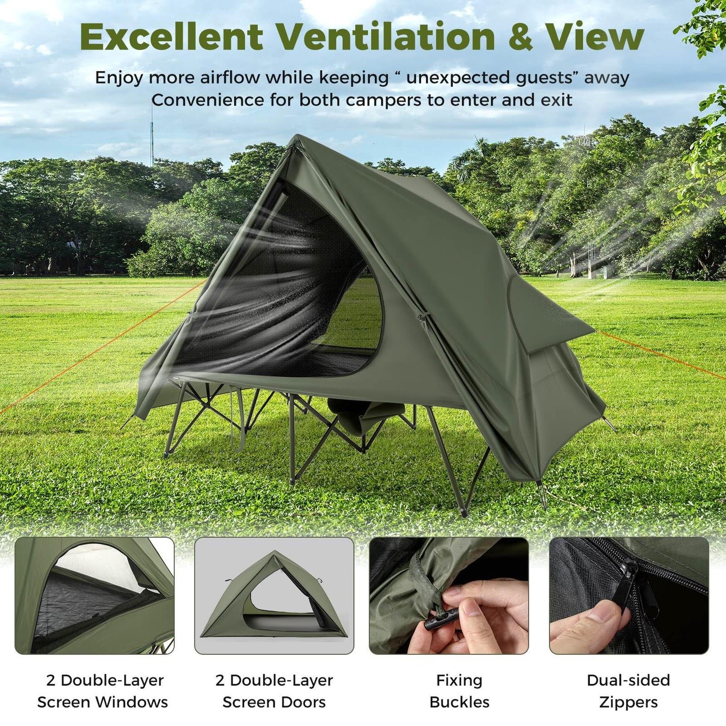 2-Person Foldable Outdoor Off-Ground Camping Combo for Adults w/Pop-up Tent Shelter