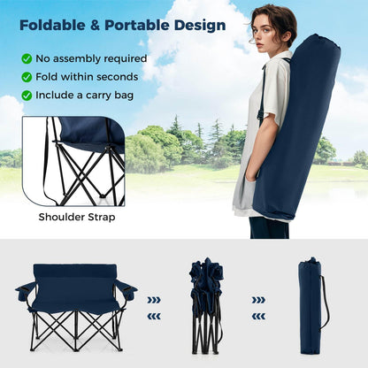 2-Person Outdoor Folding Love seat with Cup Holders & Armrests
