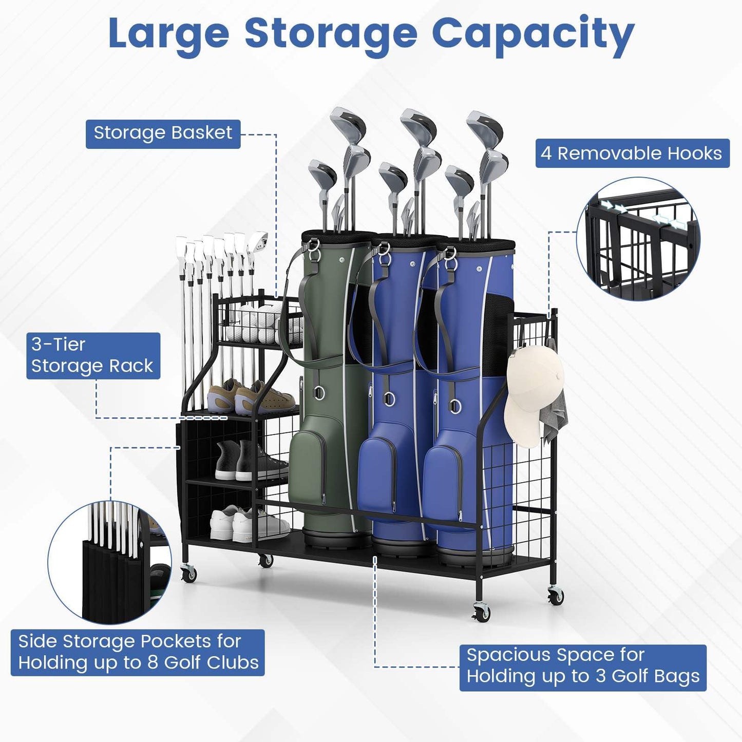 3 Golf Bag Stand for Clubs with Lockable Wheels