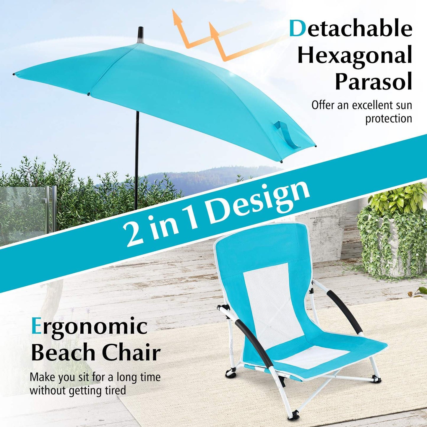 Foldable Beach Umbrella Chair with Adjustable Parasol and Universal Umbrella Clamp