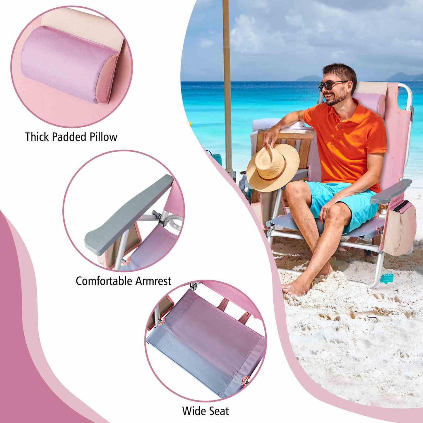 2-Pack Folding Backpack Beach Chair 5-Position Outdoor Reclining Chairs with Pillow