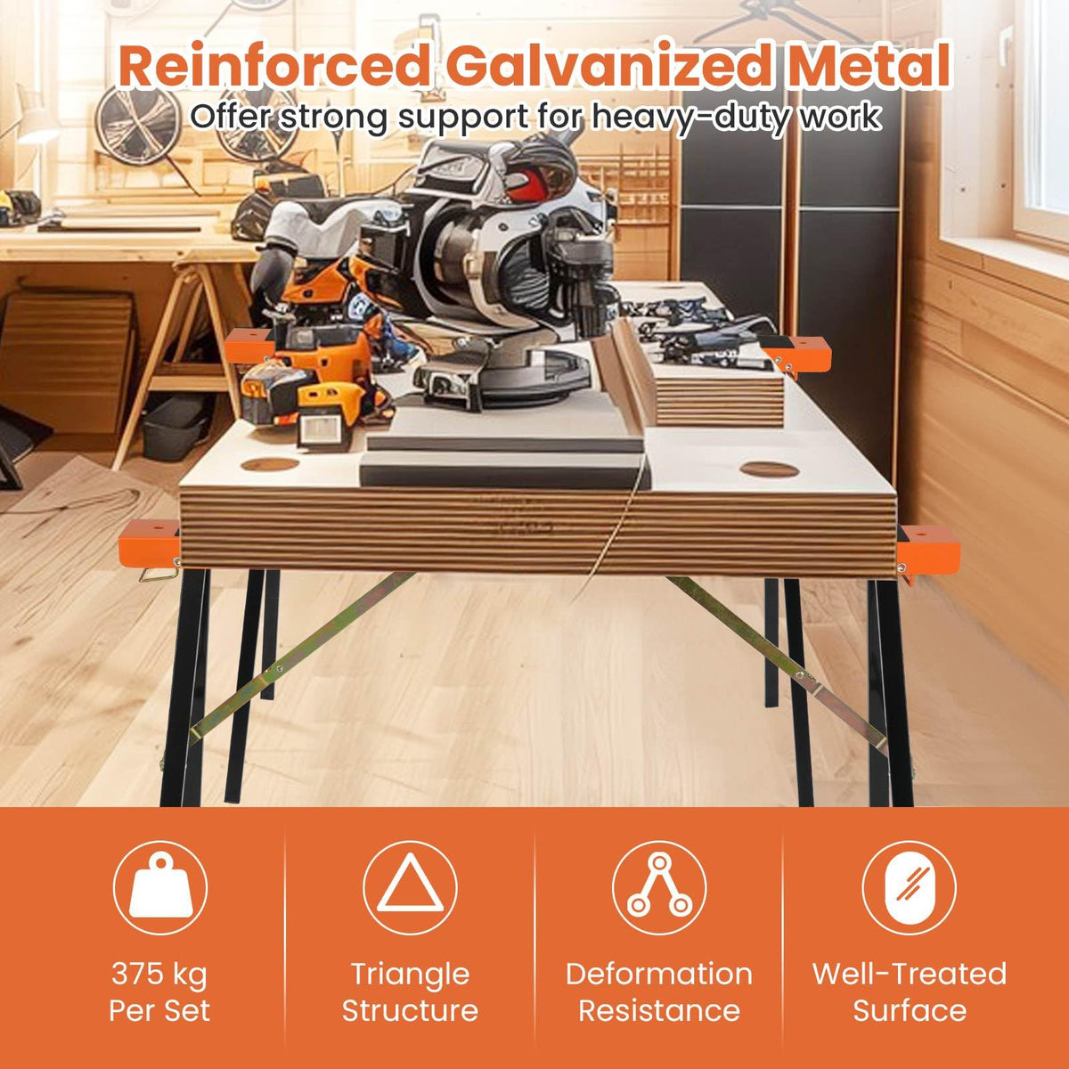 2-Pack Portable Sawhorses with Non-Slip Top & Hinge Brace for Woodworking