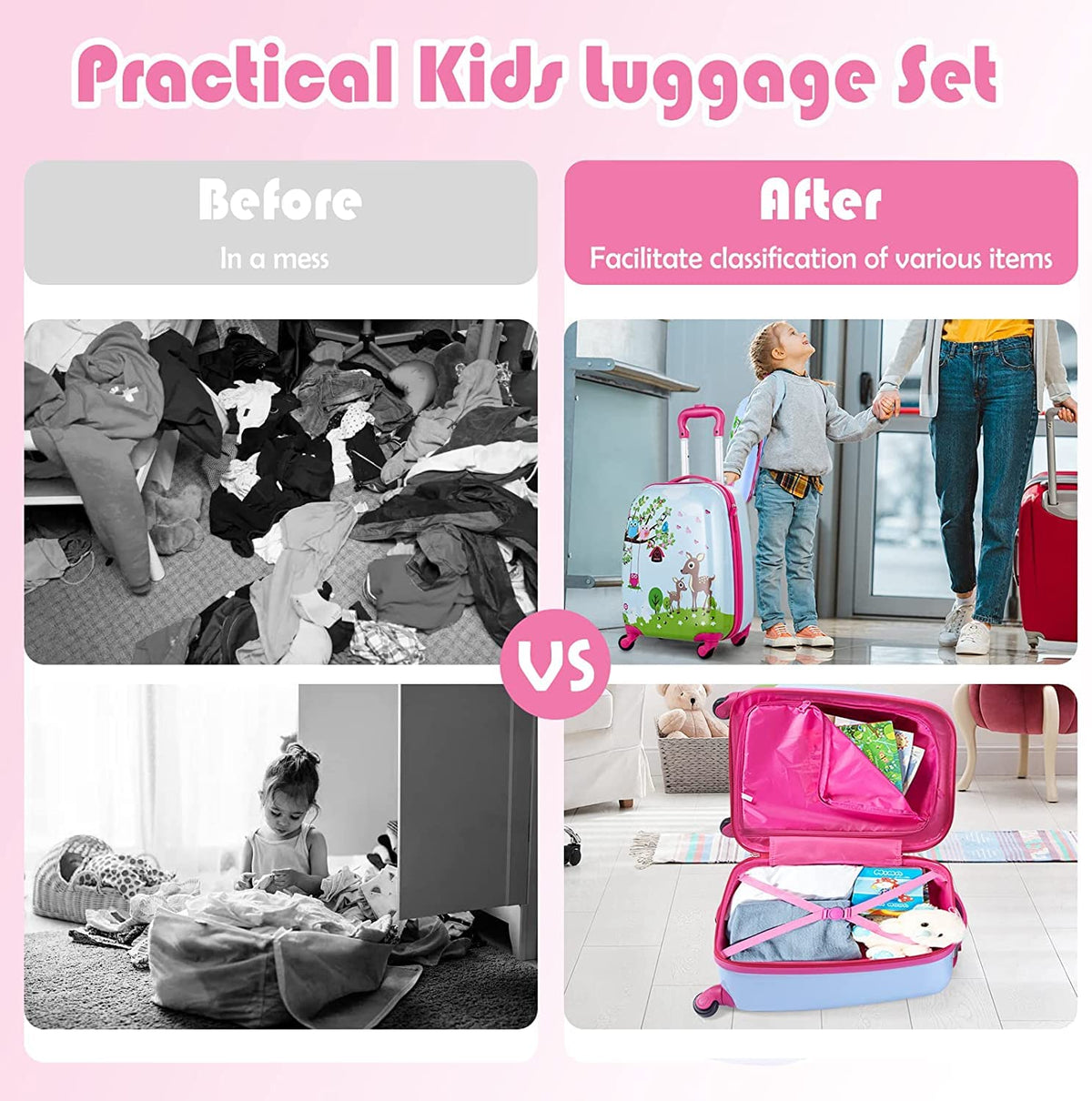 2 Pieces Kids Luggage Set with 4 Casters & Retractable Handle