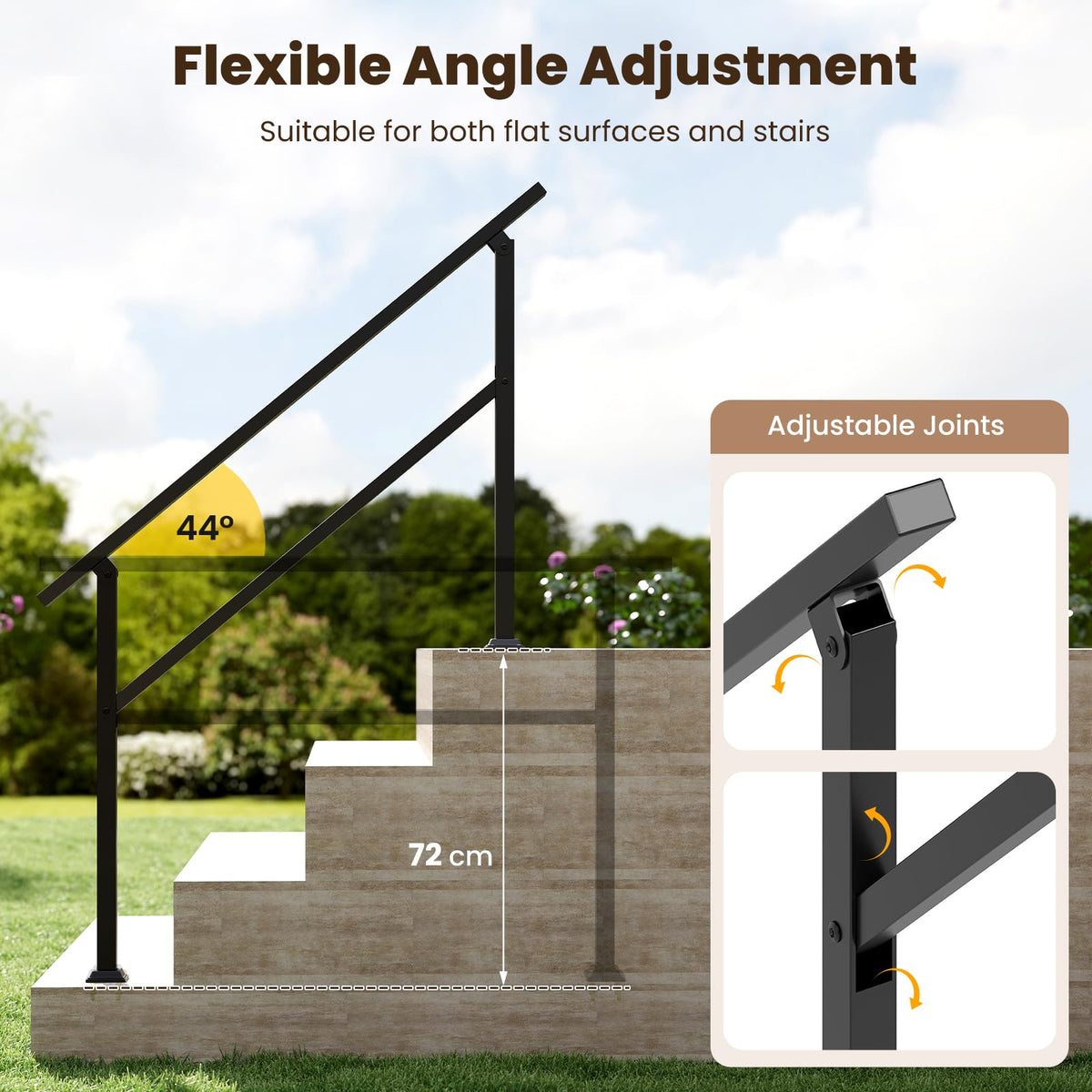 2 Pcs Metal Handrail Fits 0-4 Steps with Flexible Angle Adjustment and Installation Kit for Outdoor Steps