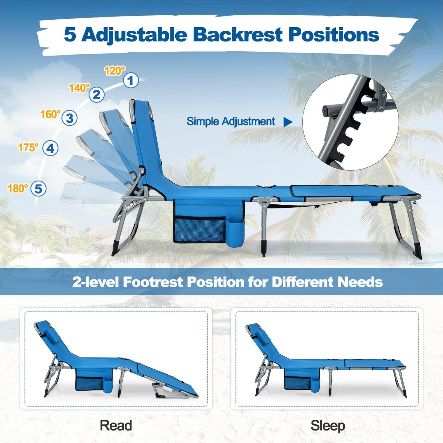 Outdoor Folding Chaise Lounge Chair 5-position Lounge Chair
