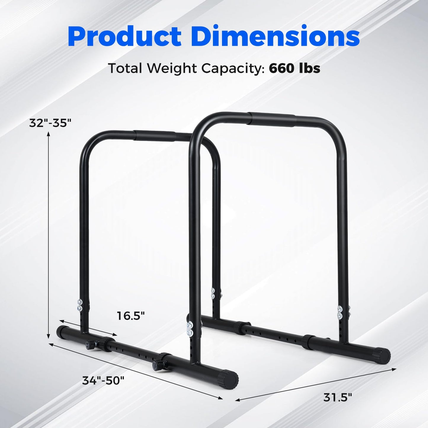Adjustable Dip Bar, Heavy Duty Parallette Push Up Stand with 660 LBS Capacity