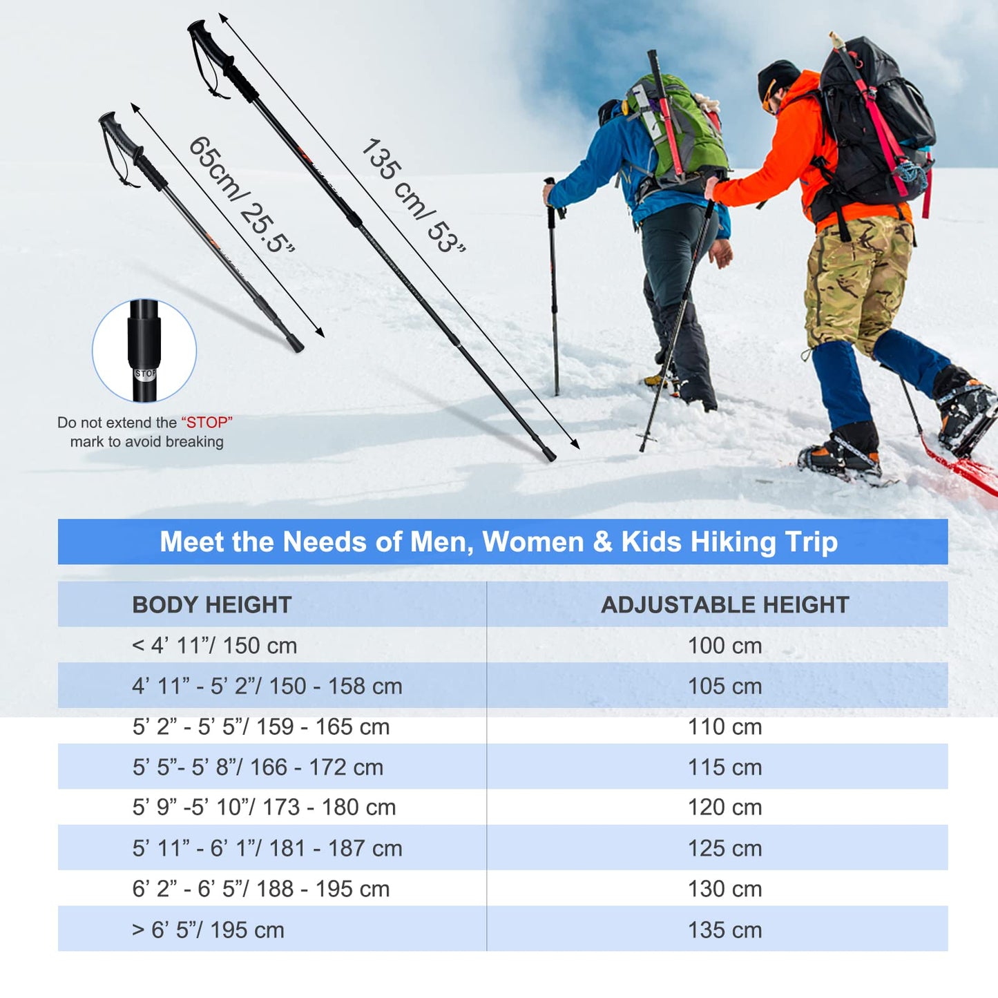 2 Pack Extending Trekking Poles Anti-Shock Length Adjustable Walking Hiking Climbing Sticks