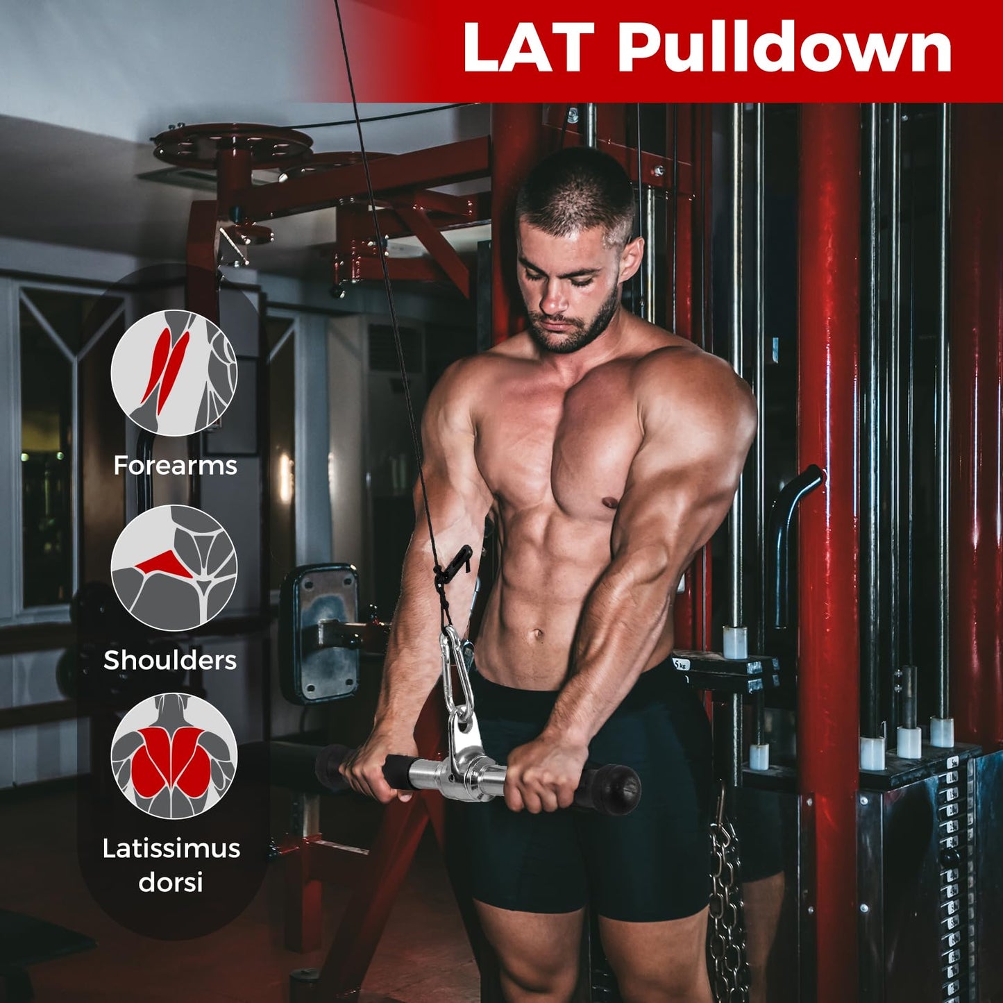 LAT Pulldown Attachments incl. V-Shaped Press Down Handle, Straight Bar, Tricep Rope & Double D Handle