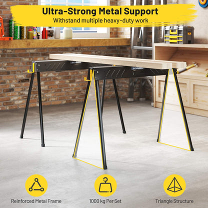 2-Pack Heavy-Duty Folding Sawhorses with 2 x 4 Supporting Arms and Carrying Handle for Woodworking