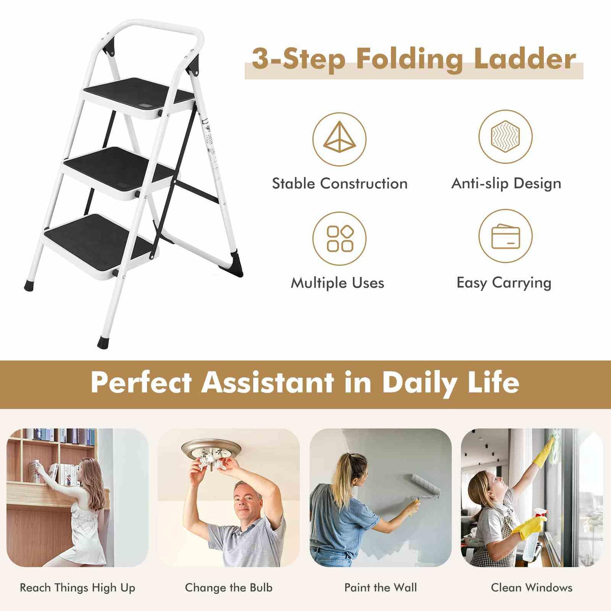 3-Tread Step Ladder with Convenient Hand Grip for Home Garage Kitchen