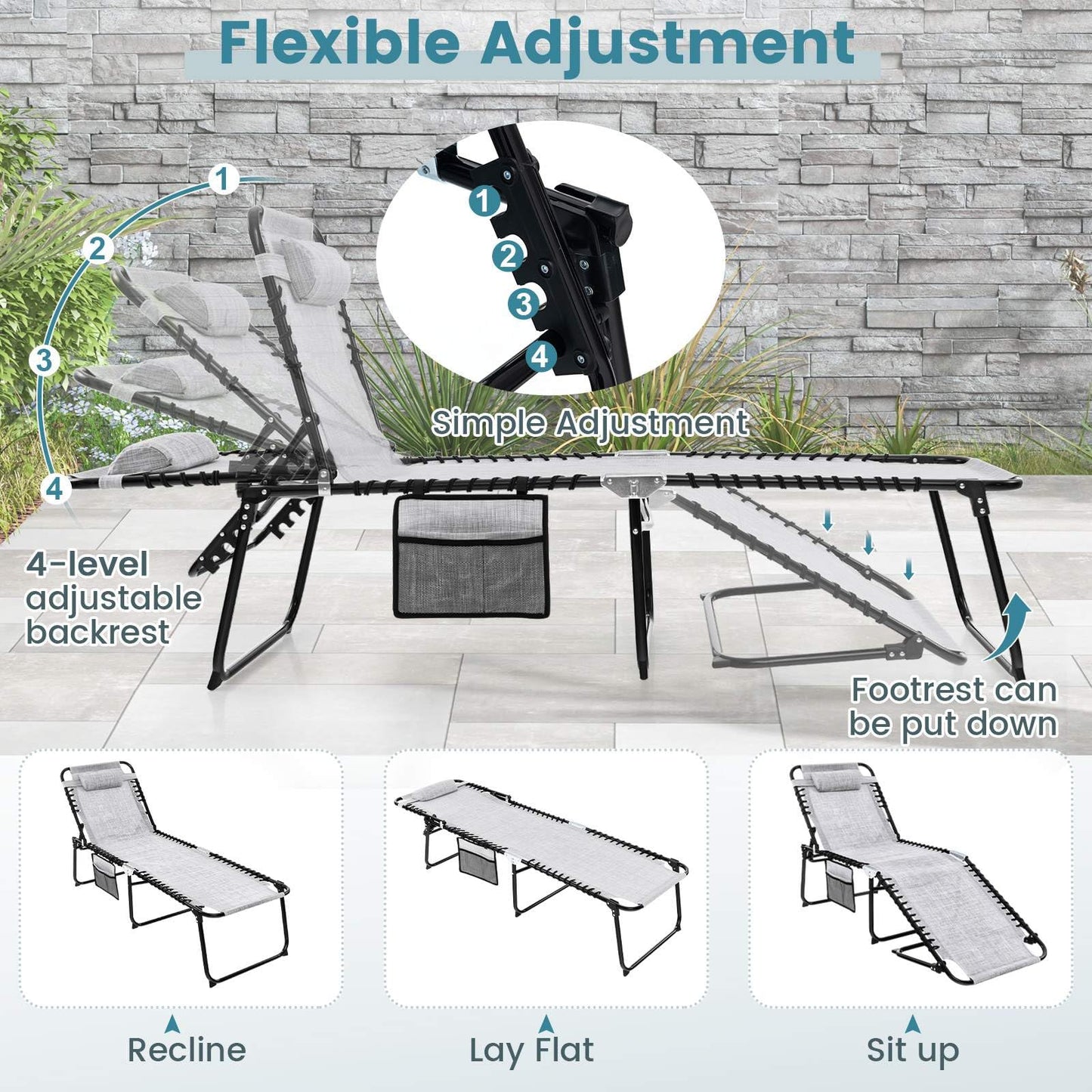Patio Folding Chaise Lounge Oversized Portable Lay Flat Reclining Chair
