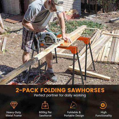 Pack of 2 Folding Sawhorses with Convenient Handle and Lightweight Tool Stands
