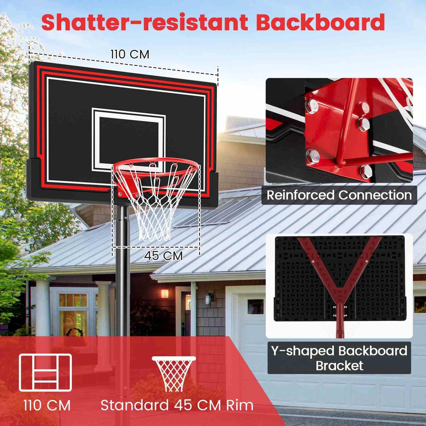Portable Basketball Hoop with 110cm Shatterproof Backboard