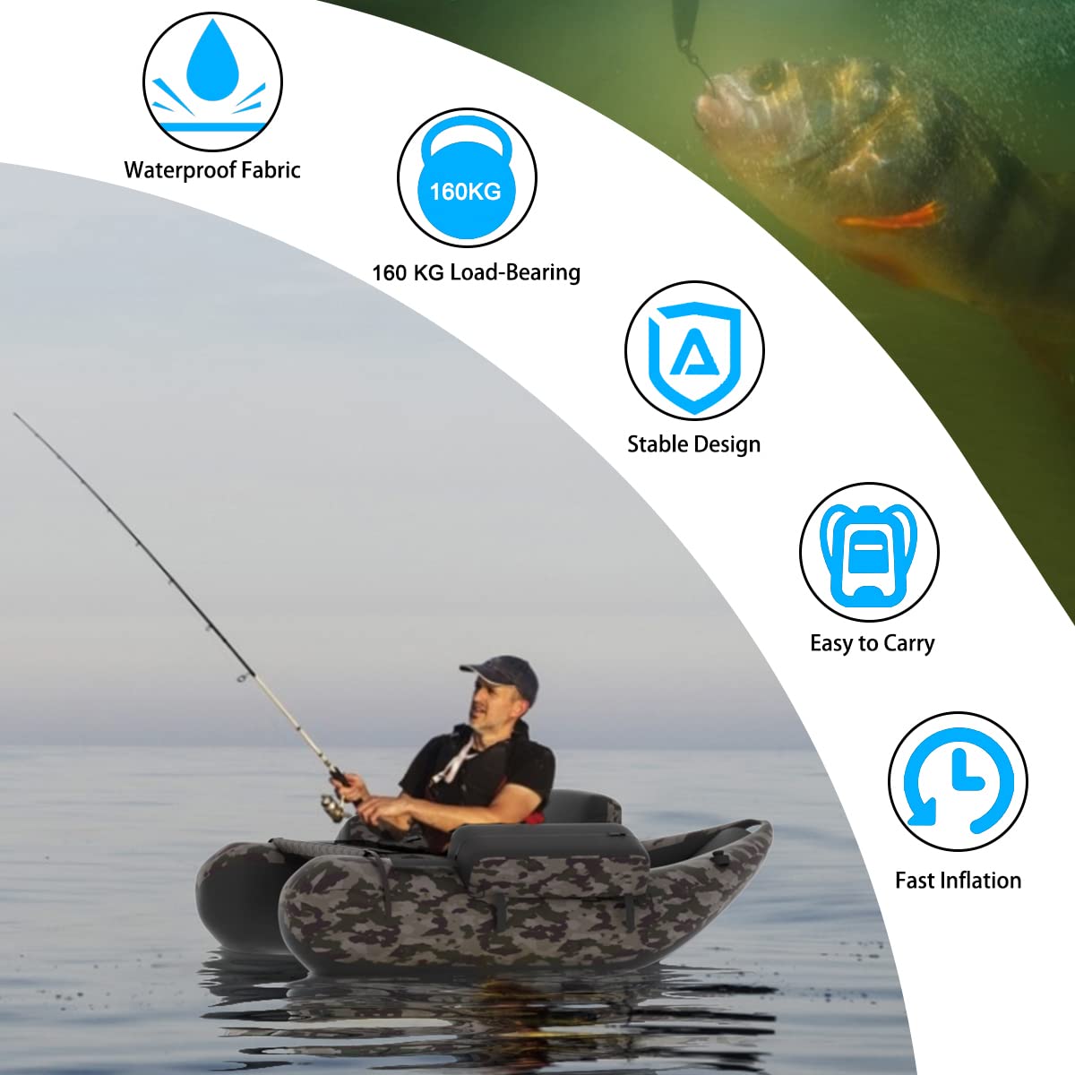 Inflatable Fishing Float Tube with Inflatable Seat Adjustable Backrest