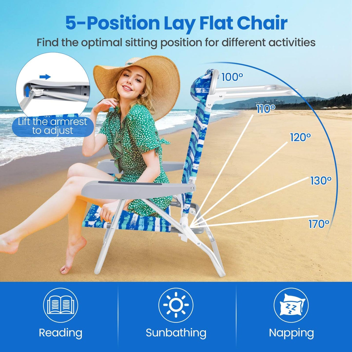2 Pack Folding Beach Chair Adjustable with Head Pillow and Towel Bar