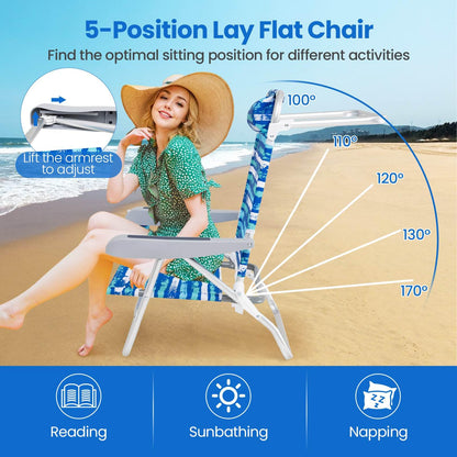 2 Pack Folding Beach Chair Adjustable with Head Pillow and Towel Bar