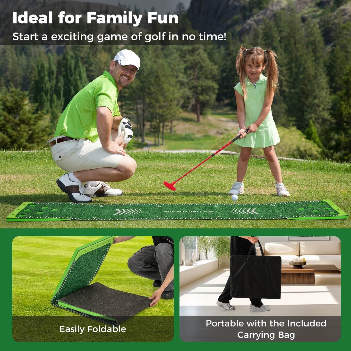 Portable Putting Green Mat with 2 Adjustable Putters