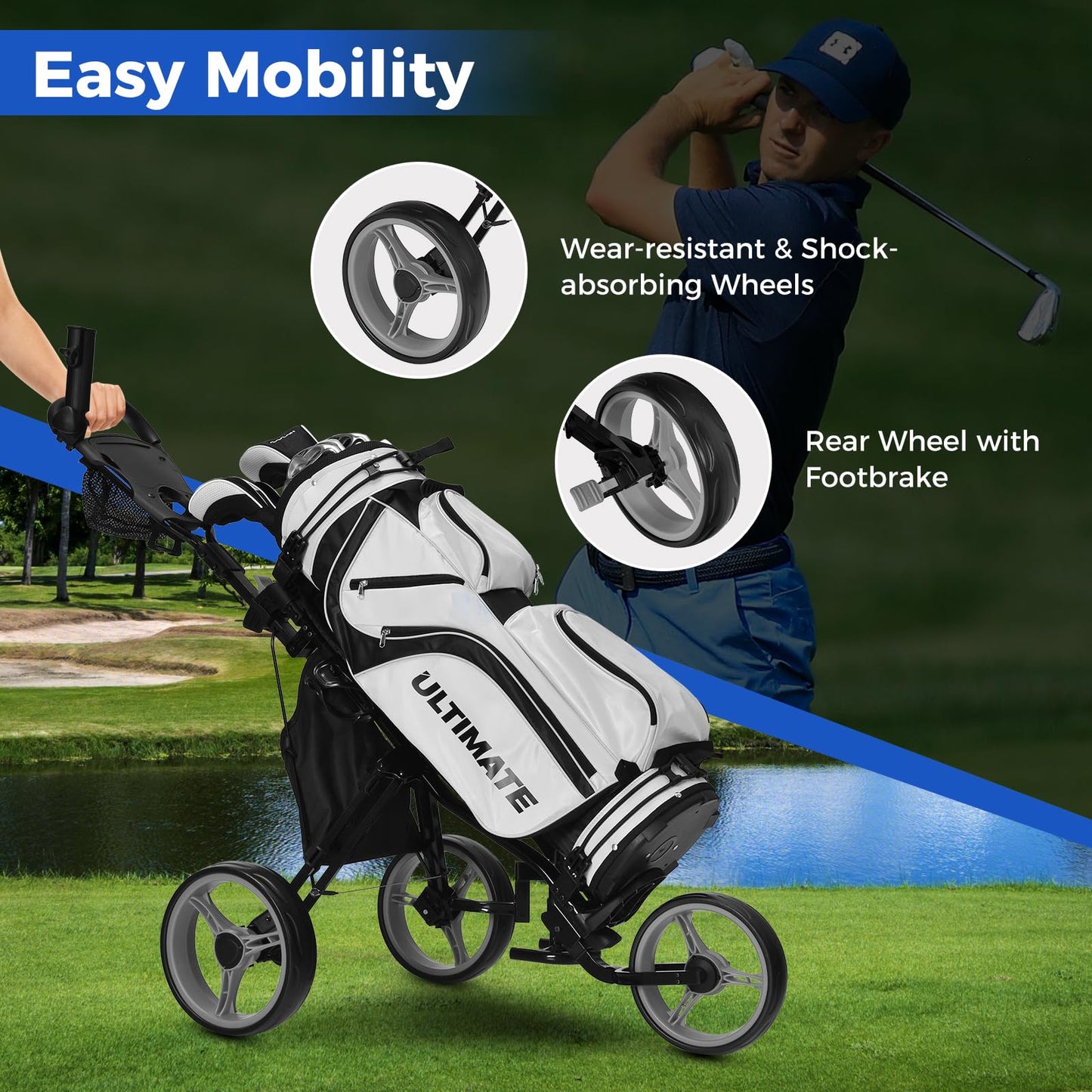 Golf Push Pull Cart Lightweight 3 Wheels Golf Push Cart