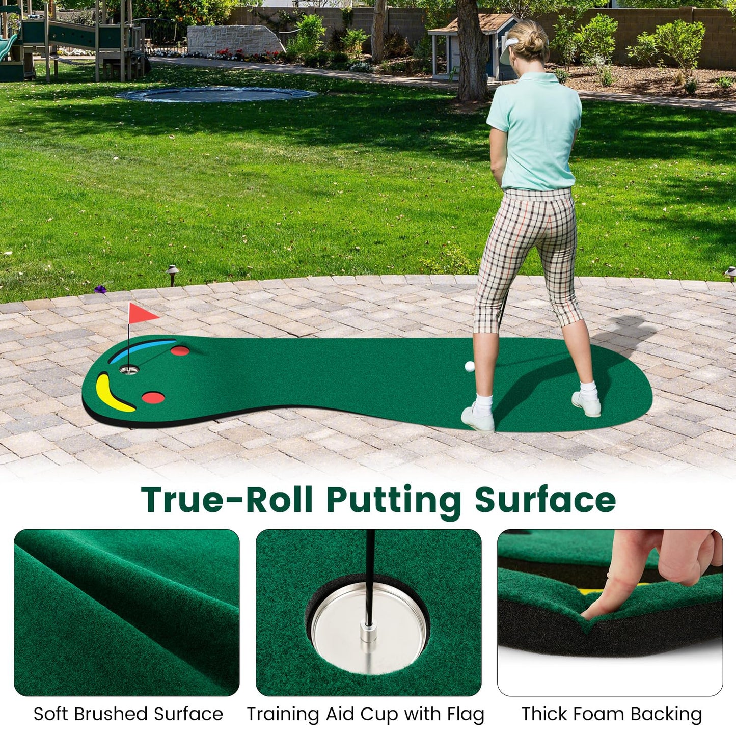 Par Three Putting Mat with 3 Putting Cups 1 Flag and Golf Hole Covers
