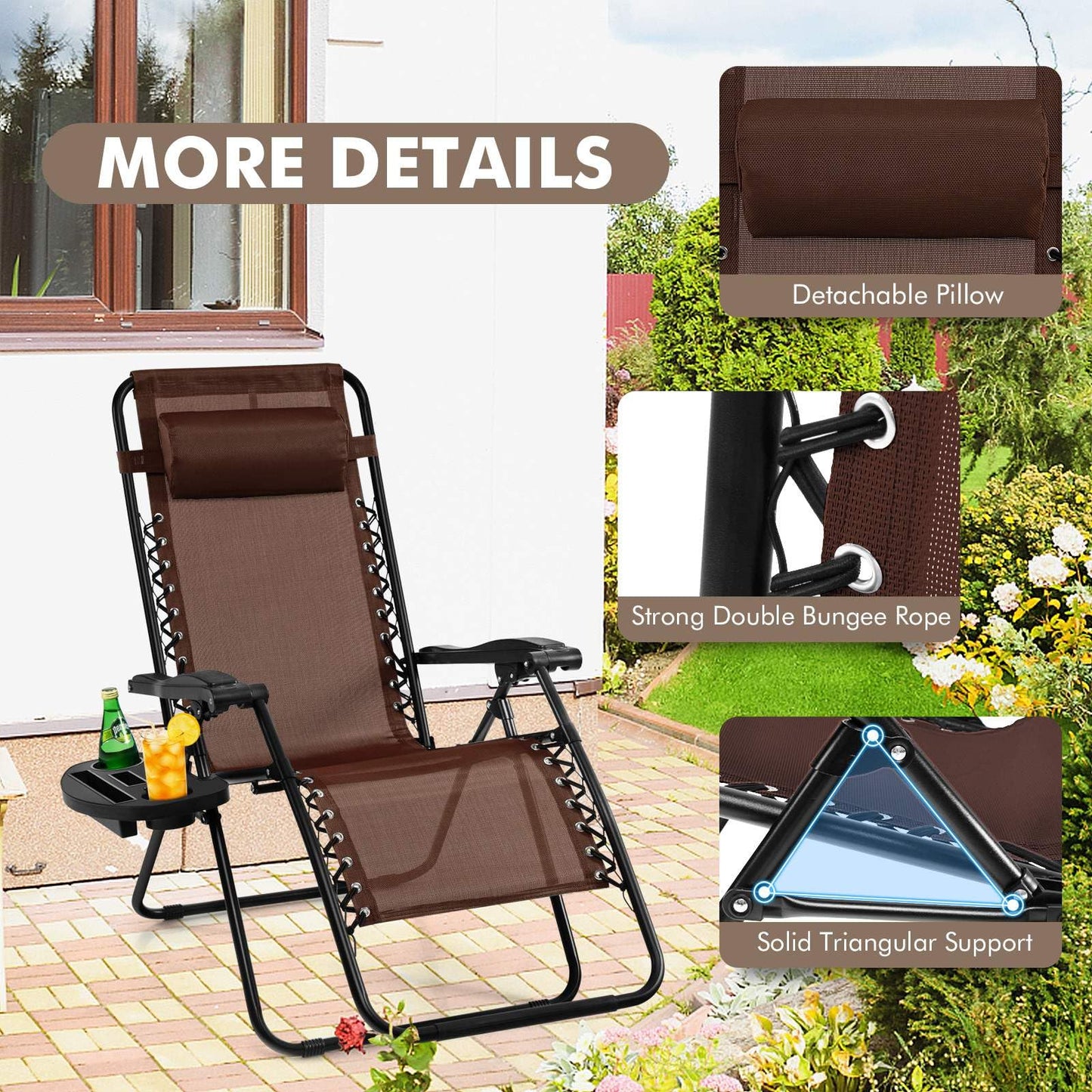Patio Zero Gravity Lounge Chair with Cup Holder & Removable Pillow