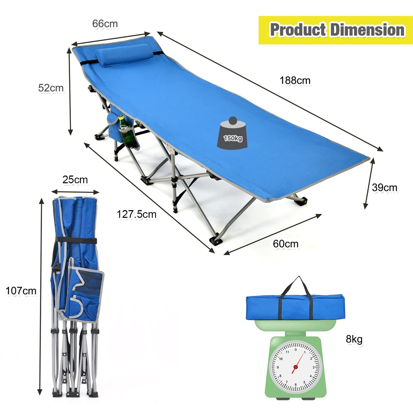 Folding Camping Cot Heavy-Duty Outdoor Cot Bed w/Side Storage Pocket