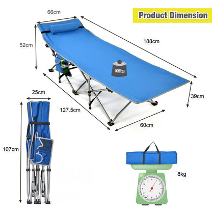 Folding Camping Cot Heavy-Duty Outdoor Cot Bed w/Side Storage Pocket