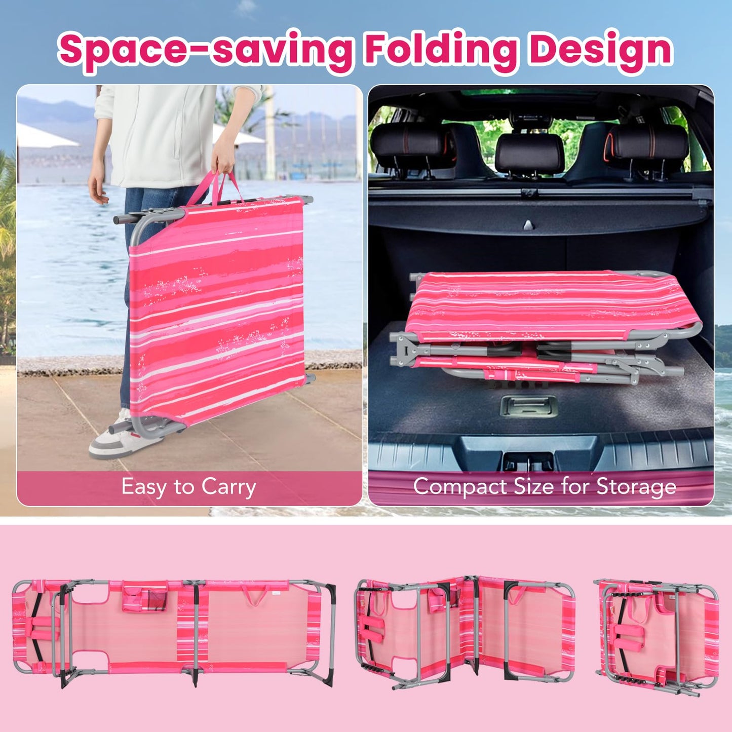 Folding Beach Lounge Chair with Pillow for Outdoor