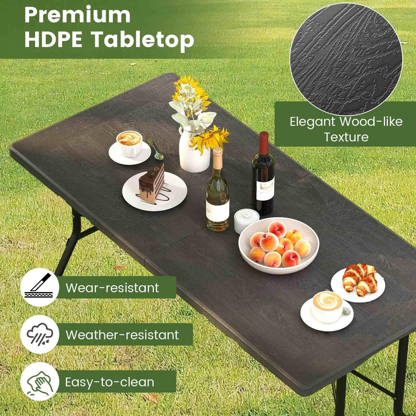 Outdoor Dining Table w/Wood Grain HDPE Tabletop 4-6 Person Camping Table