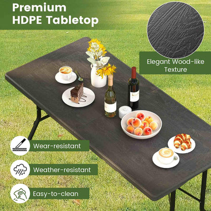 Outdoor Dining Table w/Wood Grain HDPE Tabletop 4-6 Person Camping Table