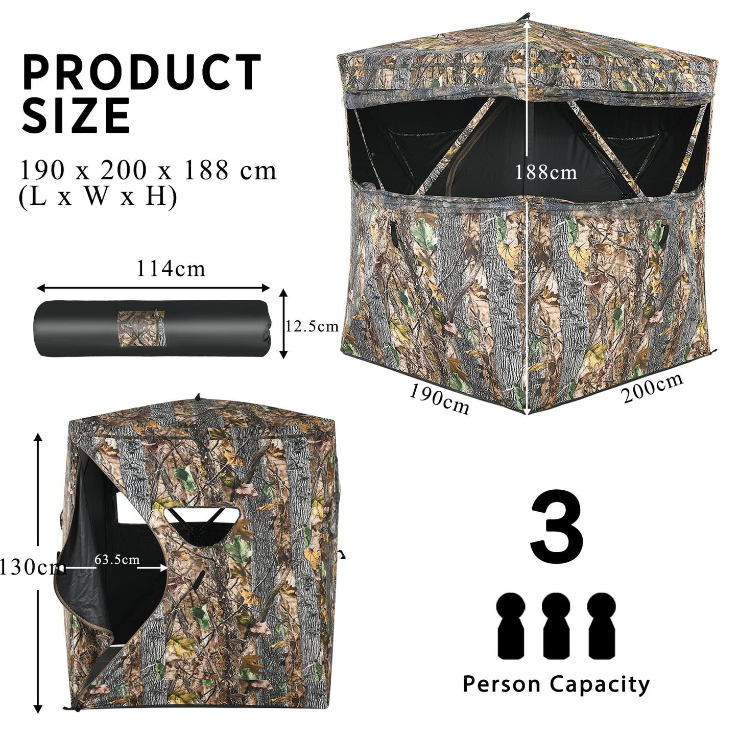 Pop Up Hunting Ground Blind 3 Person Camouflage Hunting Tent W/ Silent Slide Windows