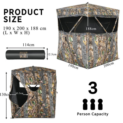 Pop Up Hunting Ground Blind 3 Person Camouflage Hunting Tent W/ Silent Slide Windows