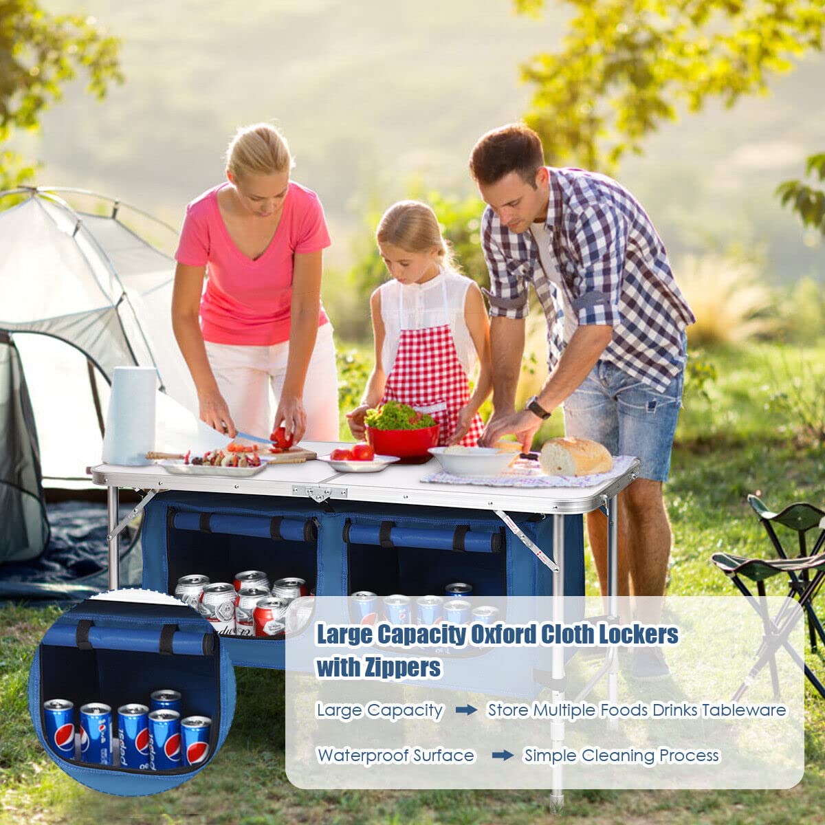 Folding Camping Table with Storage Portable Outdoor Aluminum Picnic Table w/Zippered Storage Organizer