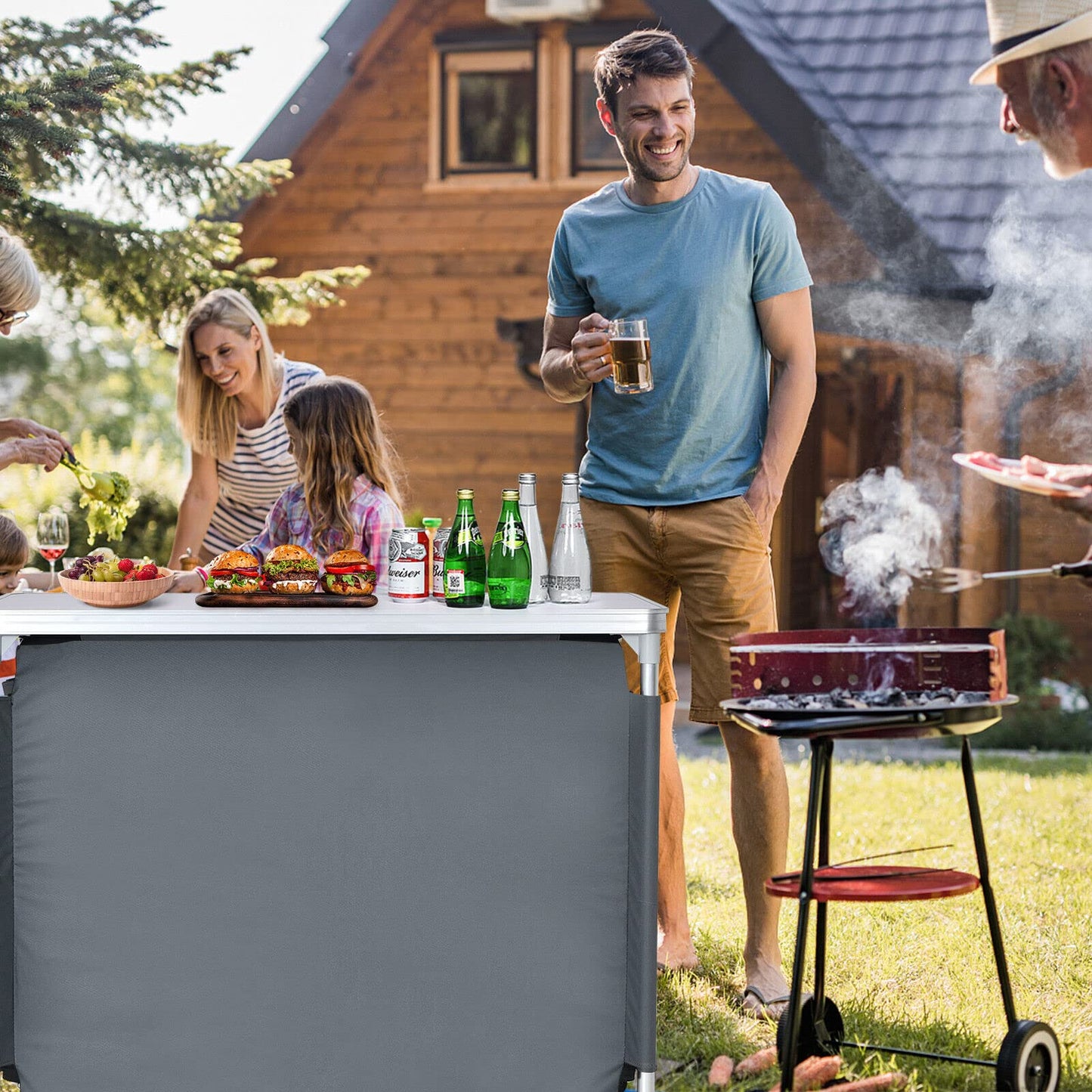 Aluminum Camping Table Portable Camping Kitchen Cupboard Table with Zippered Storage Shelves and Carrying Bag