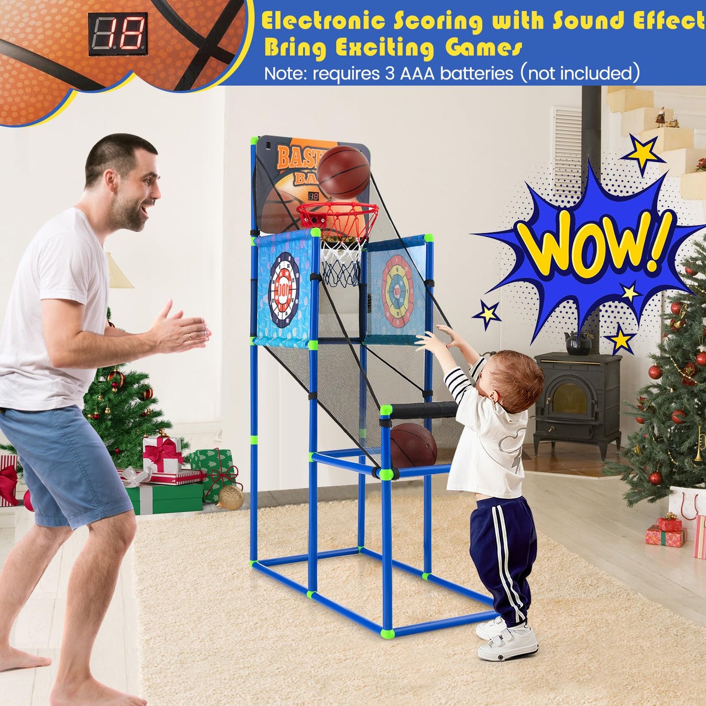 2-in-1 Kids Basketball Arcade Game Indoor Outdoor Basketball & Sticky Balls Game Set