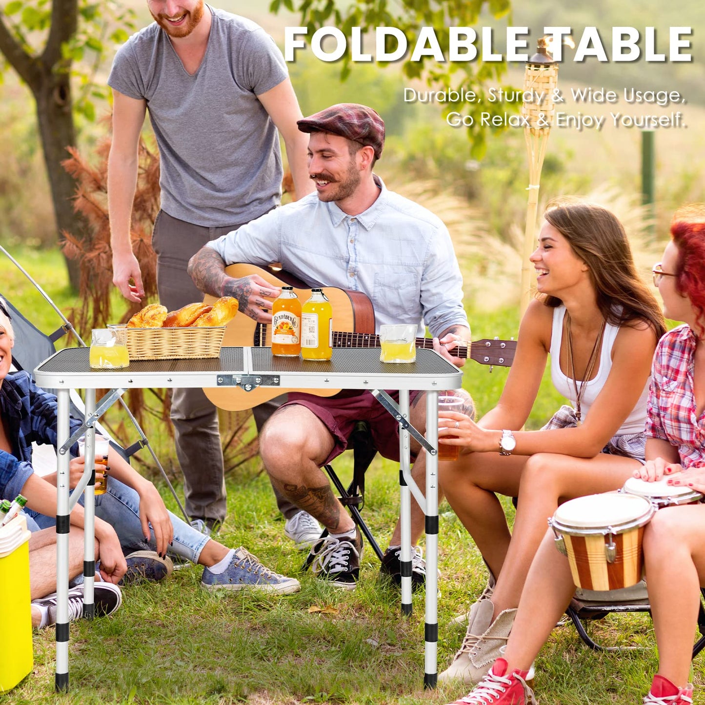 4-Position Adjustable Folding Camping Table With Rust Resistant Iron Mesh Top