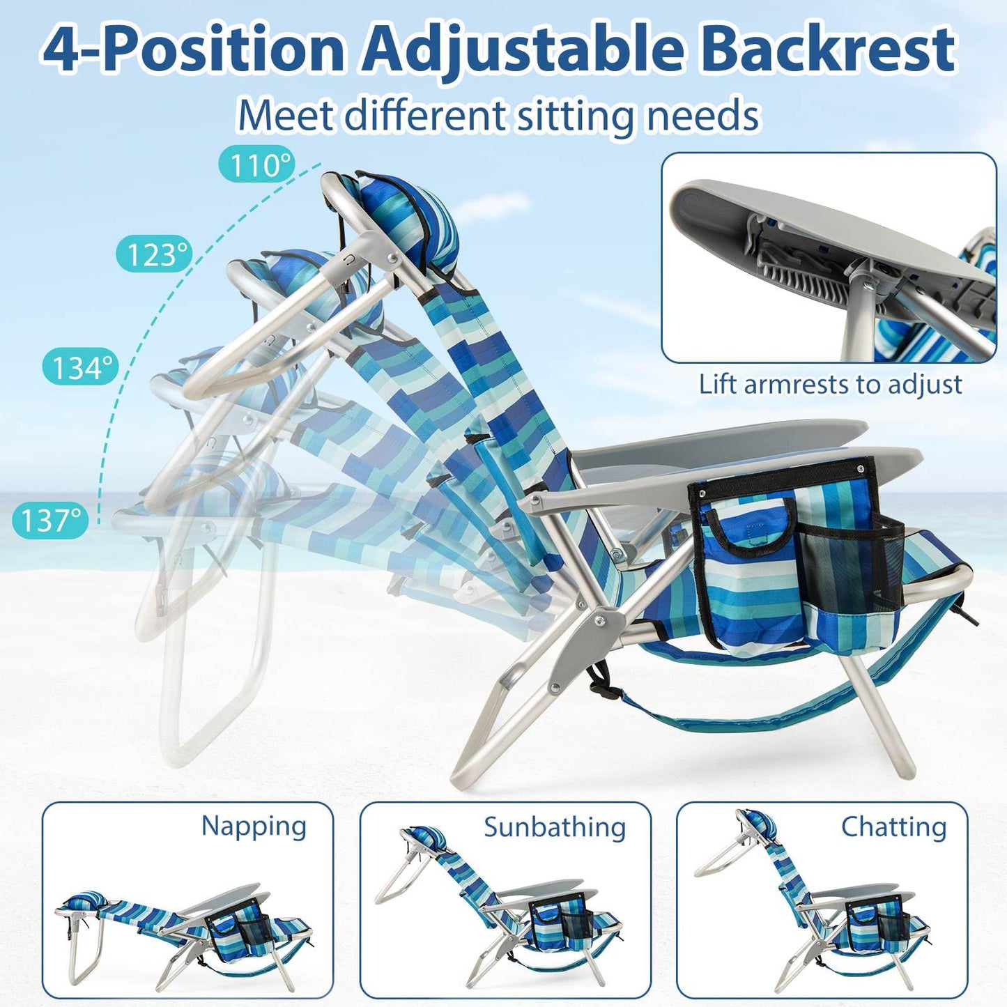 Folding Beach Chair for Adults with 4-Position Adjustable Backrest