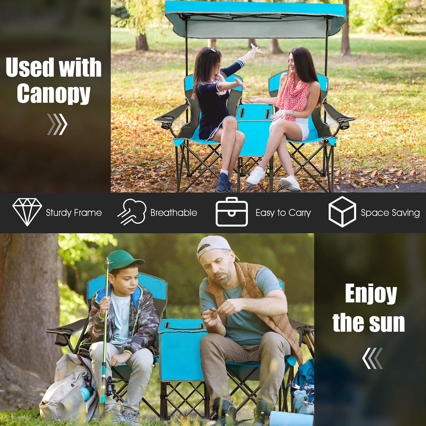 Double Folding Canopy Chair Outdoor 2-Person Camping Seat with Adjustable Sun Shade