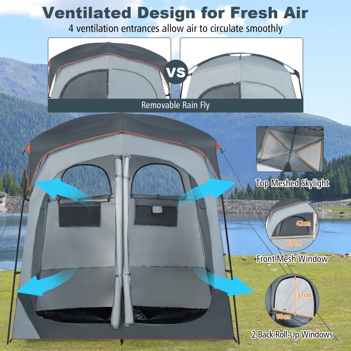 2 Rooms Shower Tent Oversize Privacy Shelter Tent with Removable Rain Fly