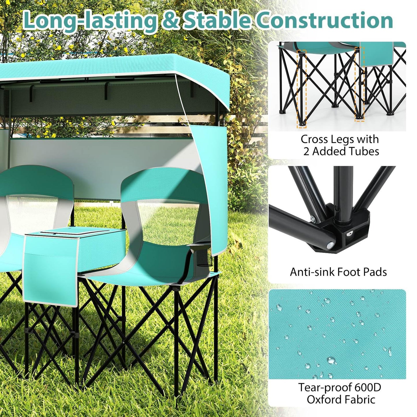Double Beach Chair with Adjustable Canopy and 3 -Side Shading Curtains