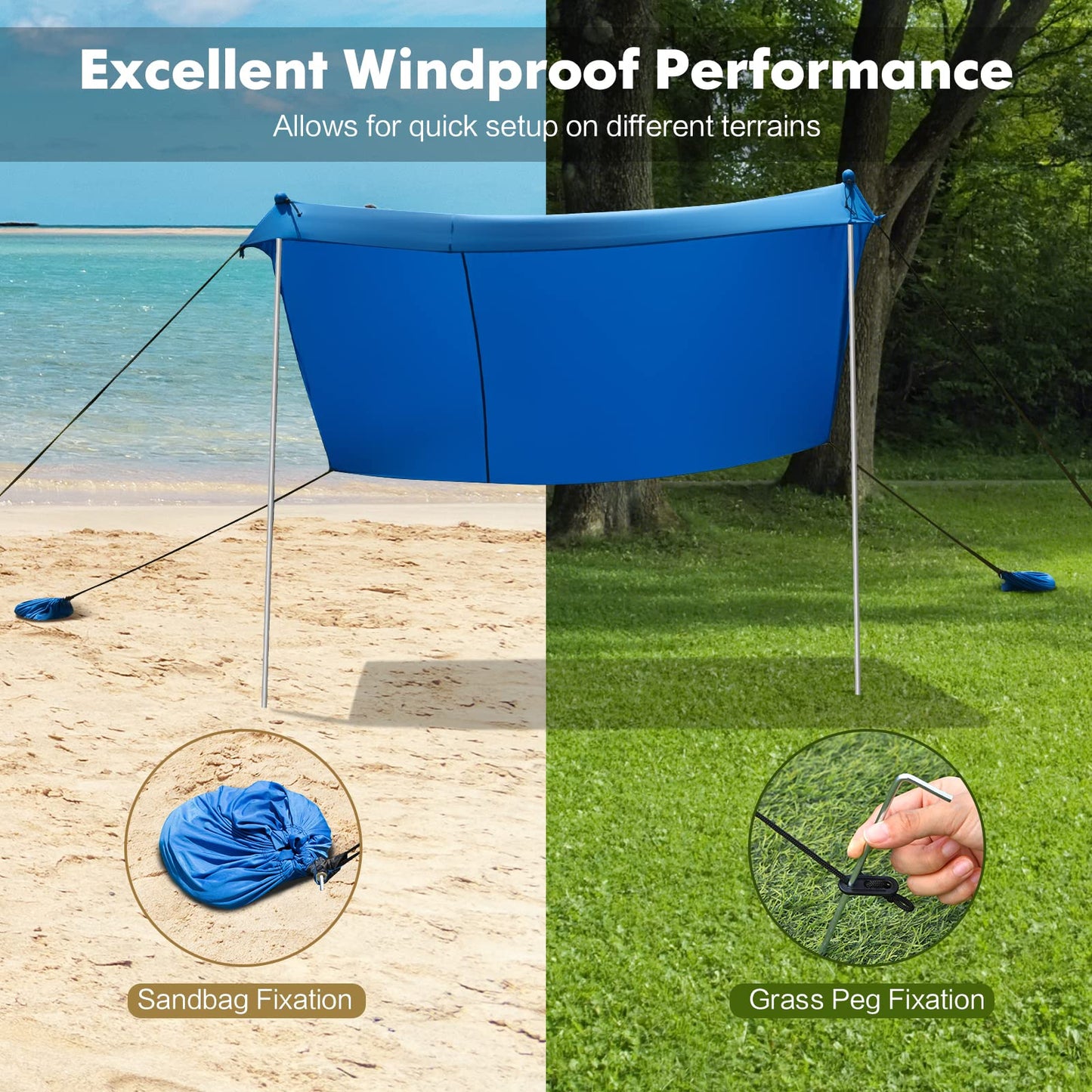 Large Beach Tent Canopy With Sandbags Sand Shovel UPF50+ Windproof (210 x 210 x 180 cm)