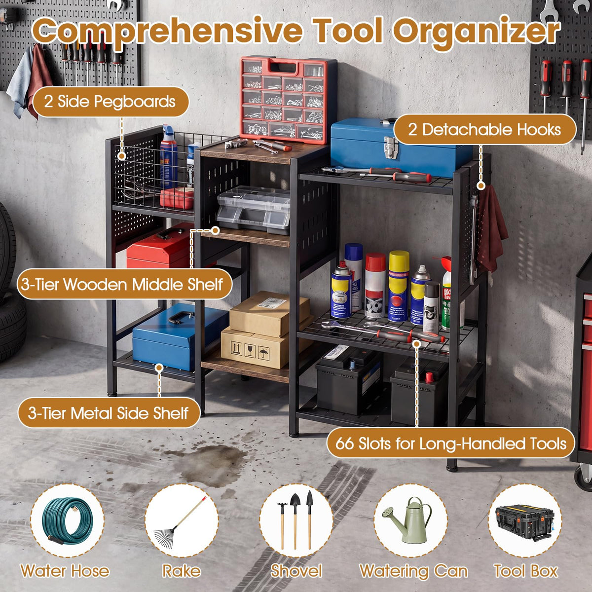 Garden Tool Organizer with Wooden Shelves 3-Tier Yard Freestanding Storage Rack