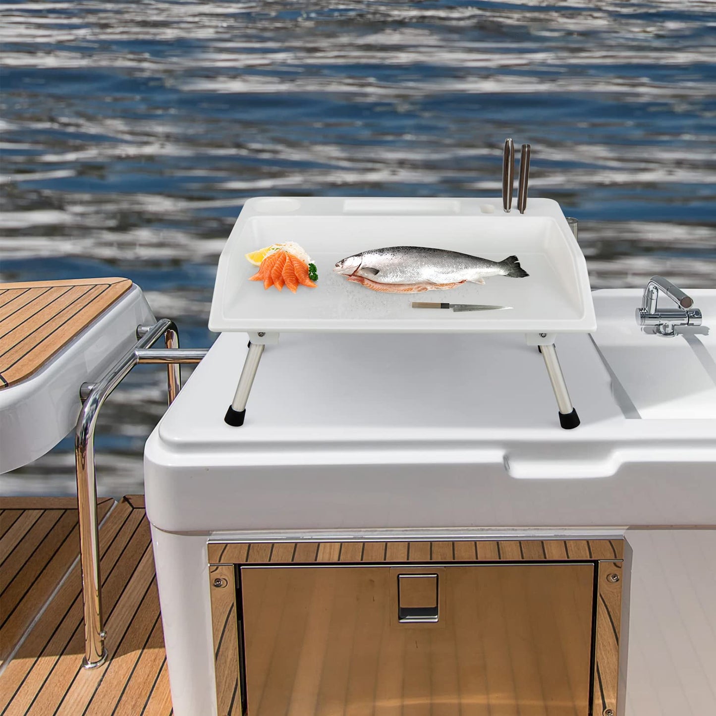 Portable Fish Fillet Washing Station with Drainage Hose & Knife Groove