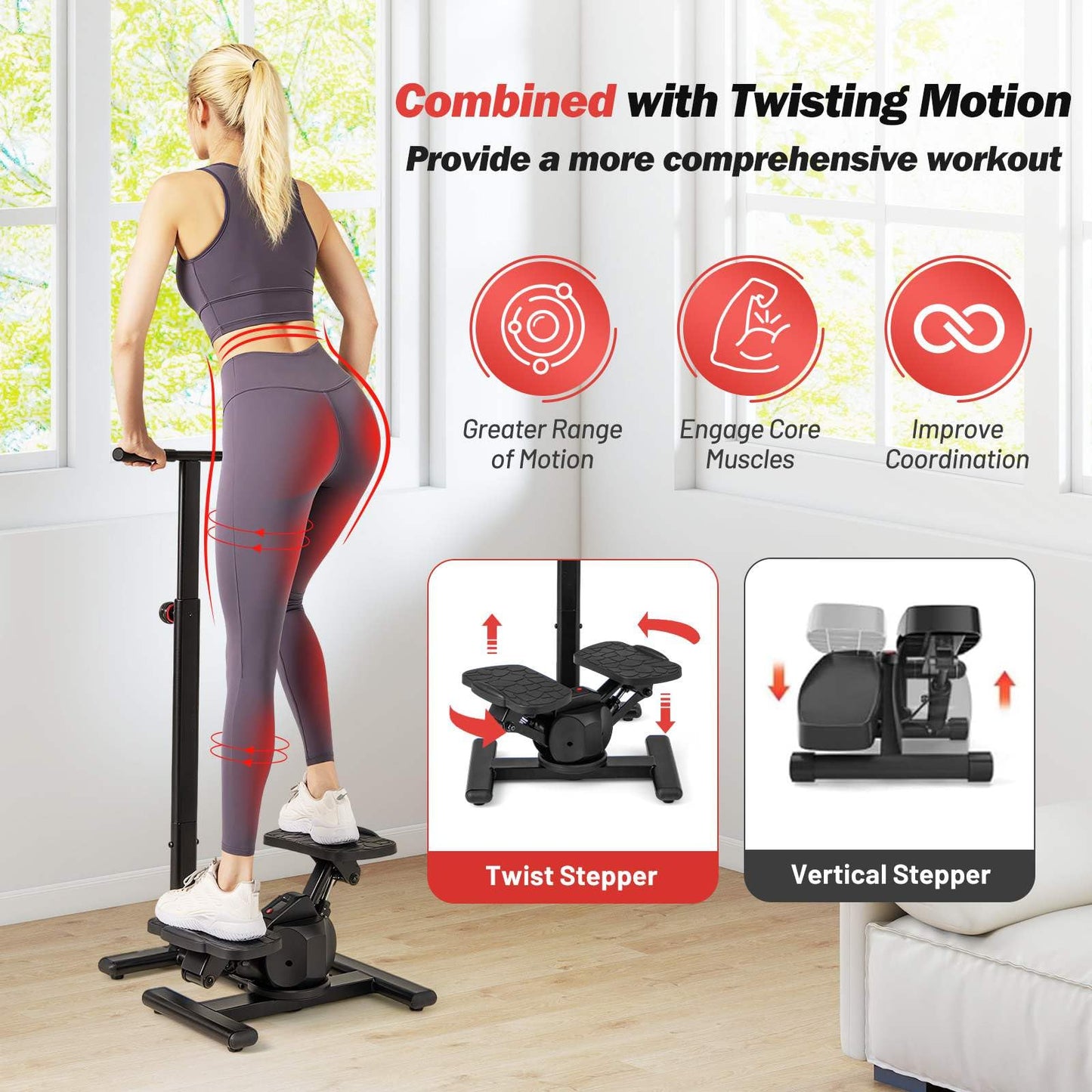 Twist Stair Stepper Workout Equipment with Height-Adjustable Handlebar & Non-slip Pedals