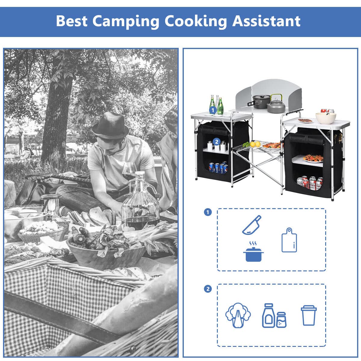 Portable Camping Kitchen Table Aluminum Fold-Up Camping Kitchen with Windscreen