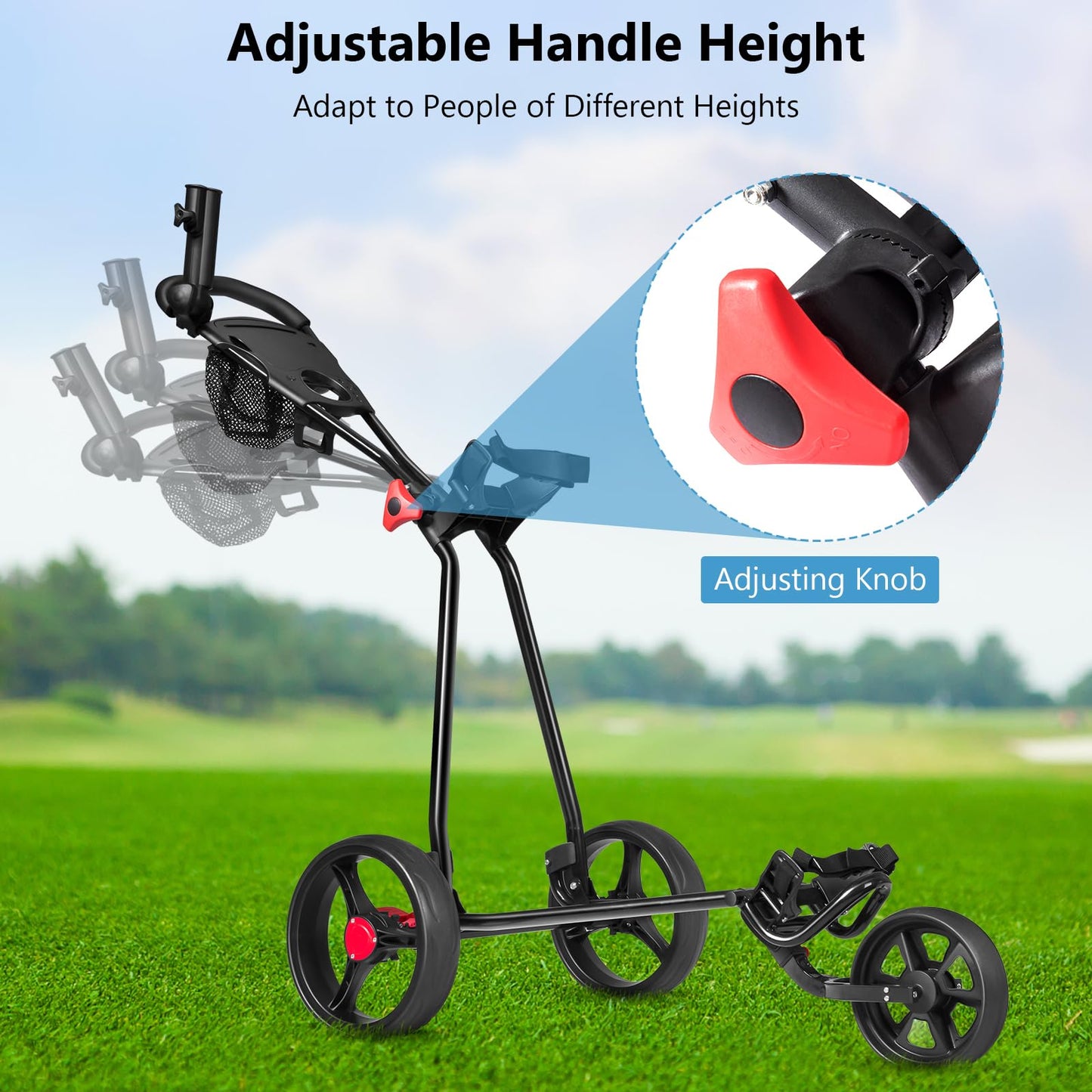 3 Wheel Golf Push Cart Folding Collapsible Lightweight Iron Golf Pull Cart with Adjustable TPR Handle