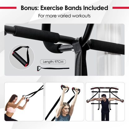 Portable Doorway Pull Up Bar Hanging Fitness Door Trainer w/Power Ropes & Dip Station