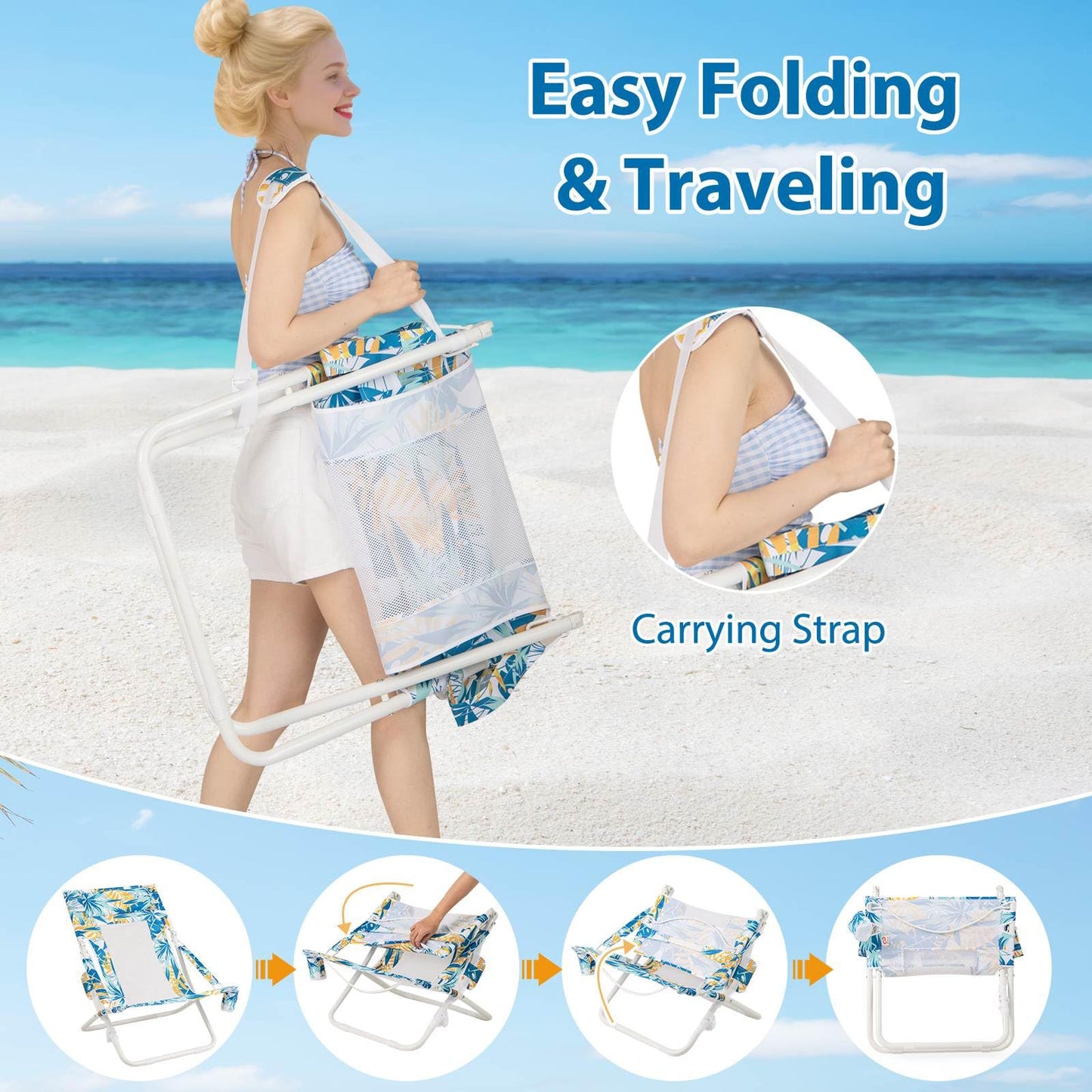 Folding Low Beach Chair Set of 2 with Padded Head Pillow