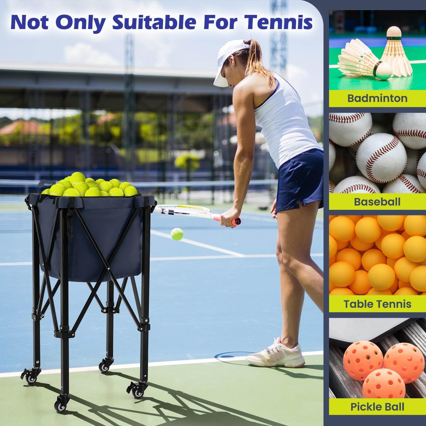 Lightweight Aluminum Tennis Ball Hopper Basket with Wheels and Removable Bag