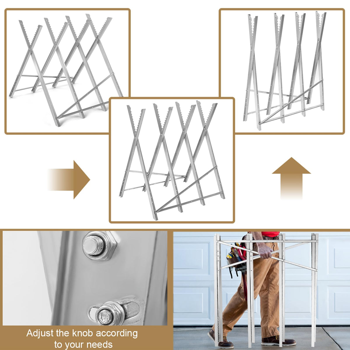 Heavy-Duty Metal Sawhorse Stand with 100 kg Capacity and Notched Saw Teeth for Wood-Cutting