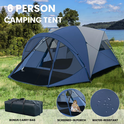 6-Person Camping Dome Tent With Screen Room Porch Easy Setup Double-Layer Tent